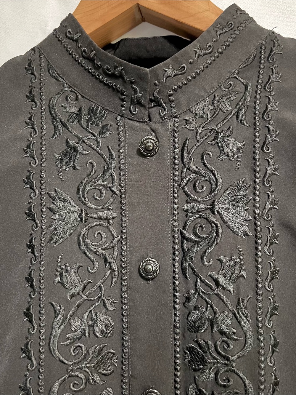 Worthington Black Embroidered Button-Front Blouse with Mandarin Collar